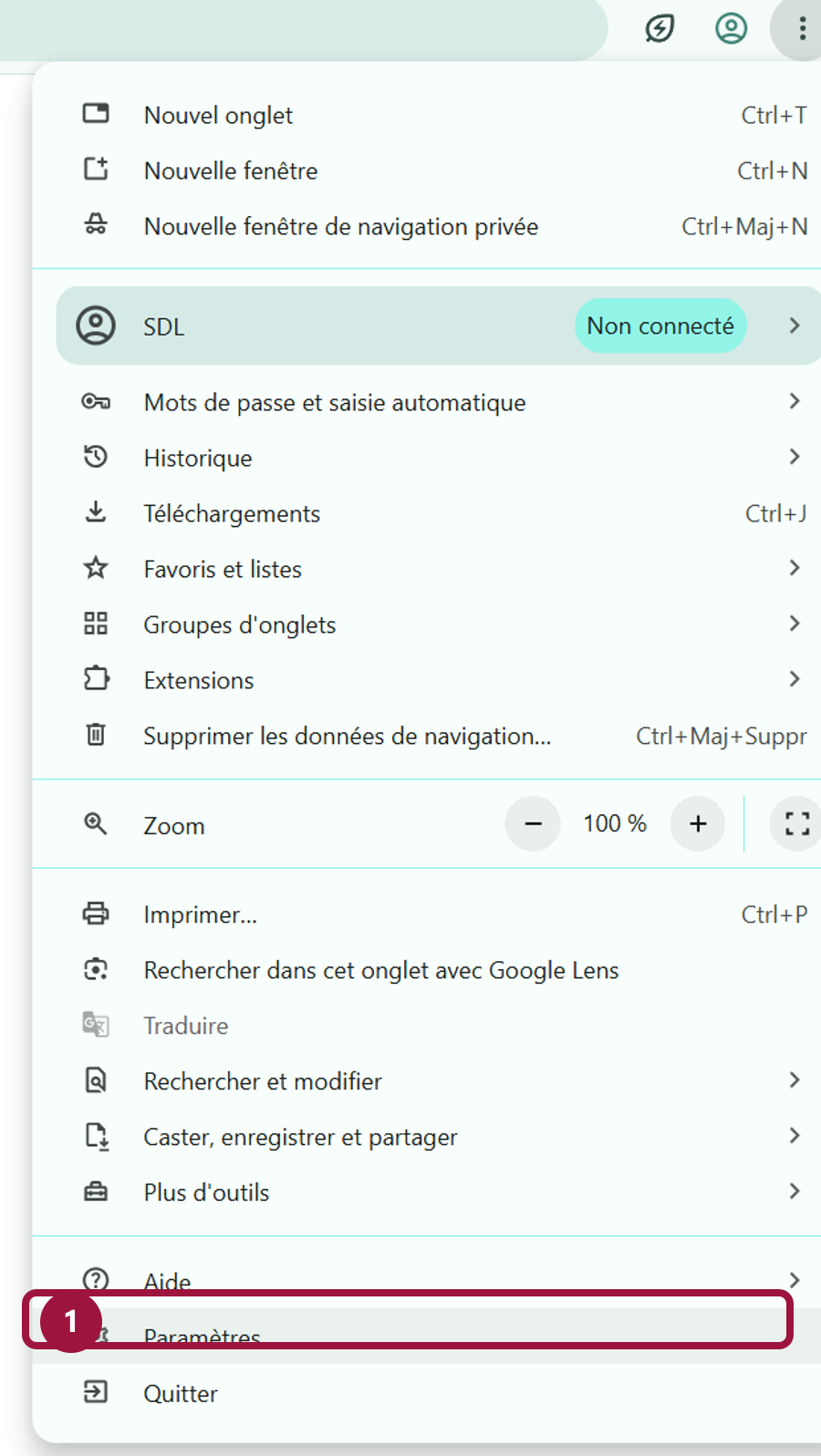 Menu Chrome avec Paramètres