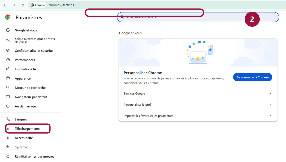 Recherche Téléchargements dans les paramètres de Chrome